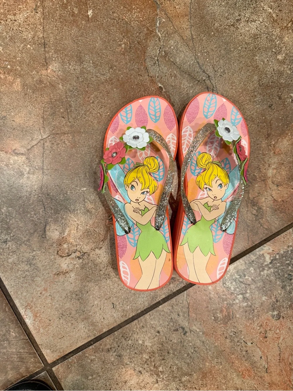 Disney Coral Platform Flip Flops with Glitter Straps and Floral Accents